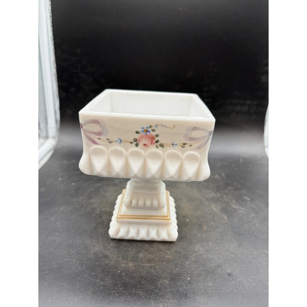 Vintage Milk Glass Pedestal Planter Square Hand Painted Floral Roses Sawtooth